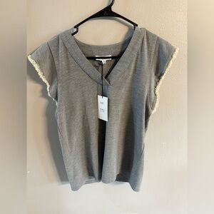 Anthropologie Gray V-Neck Short Sleeve Top